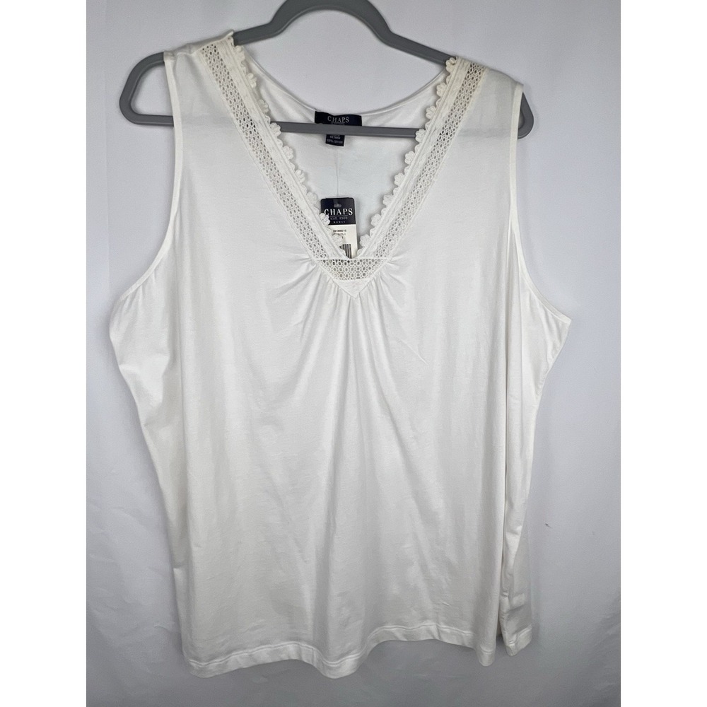 CHAPS Women 3X White Sleeveless V Neck Lace Crochet Trim Cotton Top NWT Layer